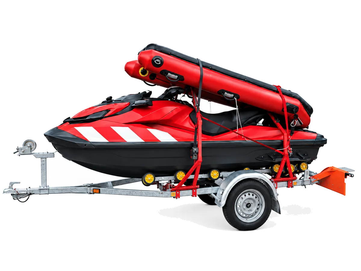 Rescue watercraft with Rescue Raft on a trailer